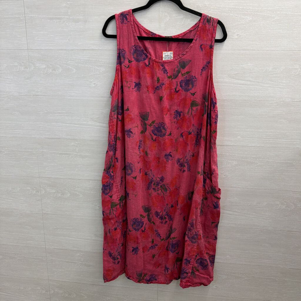 Cut Loose Pink Print Sleeveless 100% Linen Midi Dress Extra Large