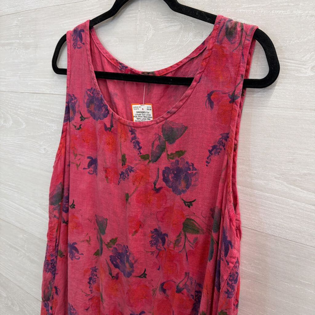 Cut Loose Pink Print Sleeveless 100% Linen Midi Dress Extra Large