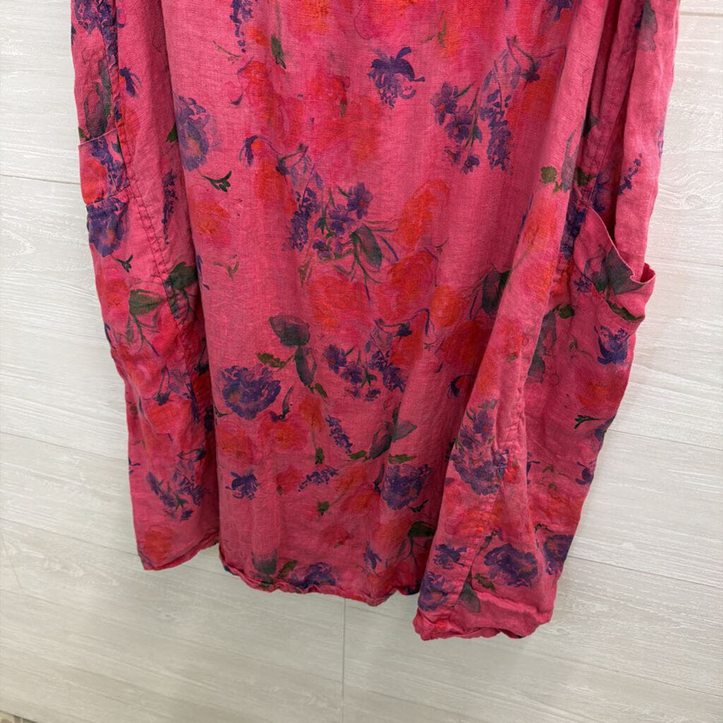 Cut Loose Pink Print Sleeveless 100% Linen Midi Dress Extra Large