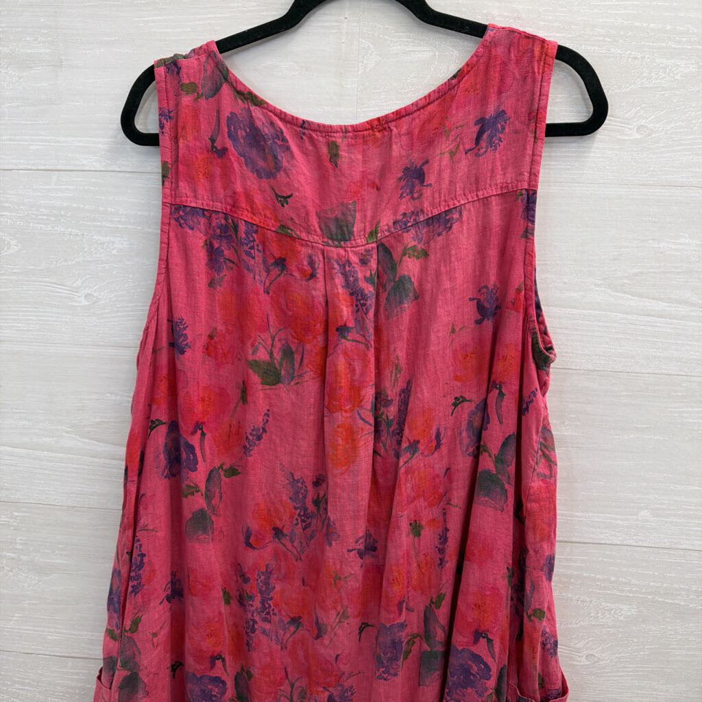 Cut Loose Pink Print Sleeveless 100% Linen Midi Dress Extra Large
