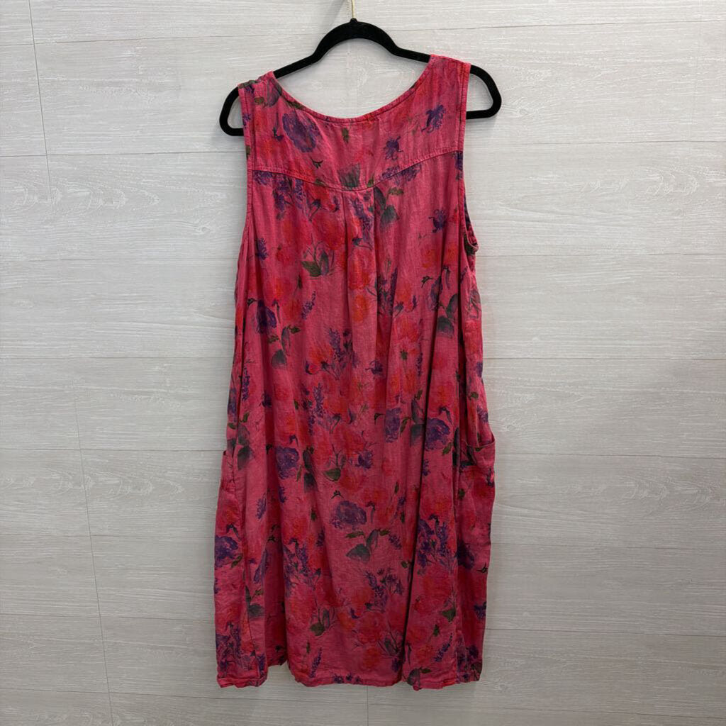 Cut Loose Pink Print Sleeveless 100% Linen Midi Dress Extra Large
