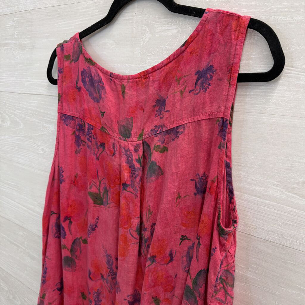 Cut Loose Pink Print Sleeveless 100% Linen Midi Dress Extra Large