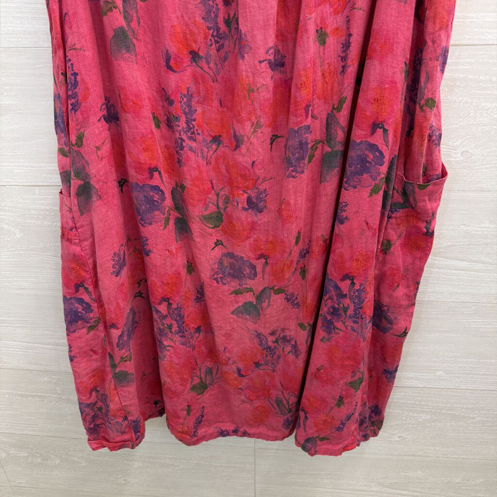 Cut Loose Pink Print Sleeveless 100% Linen Midi Dress Extra Large