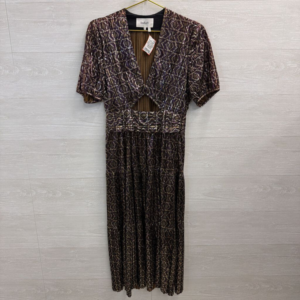 ba&sh Metallic Purple/ Gold Print Short Puff Sleeve Midi Dress Medium