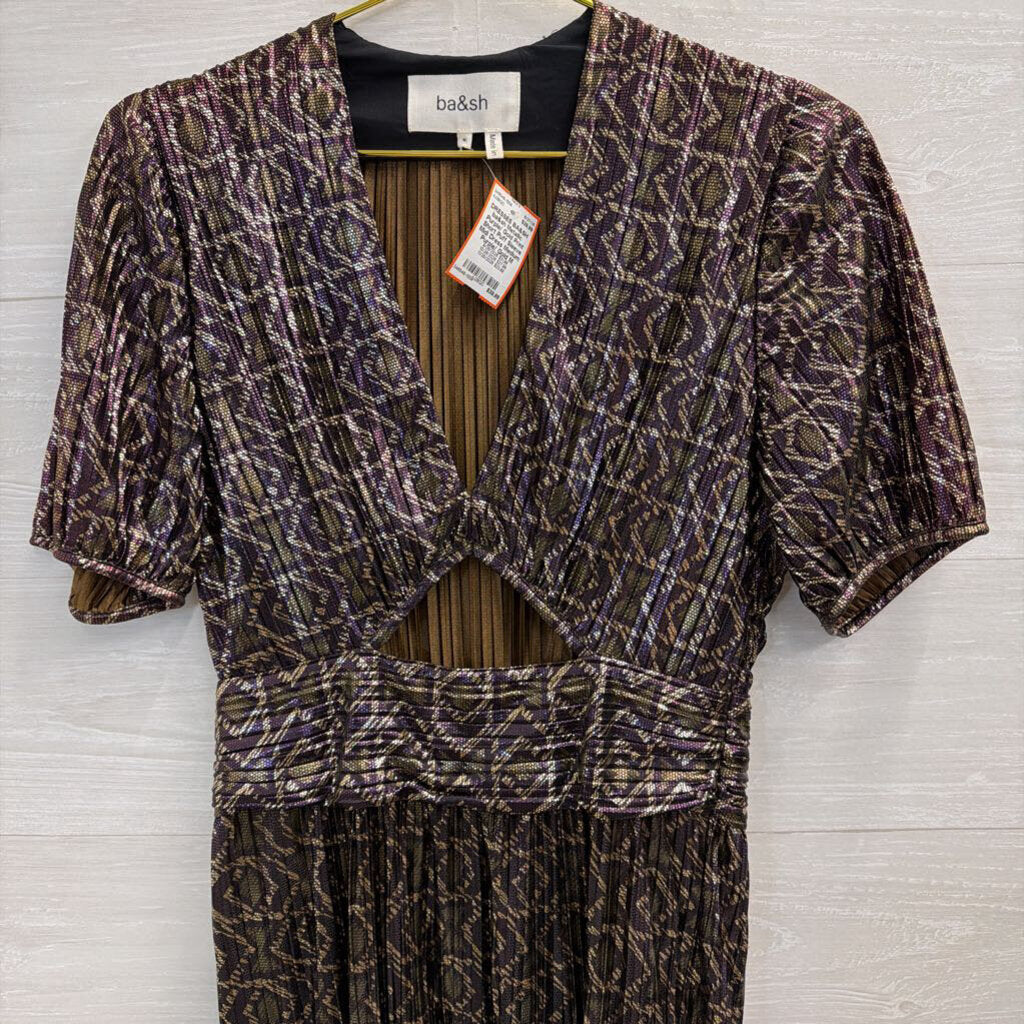 ba&sh Metallic Purple/ Gold Print Short Puff Sleeve Midi Dress Medium