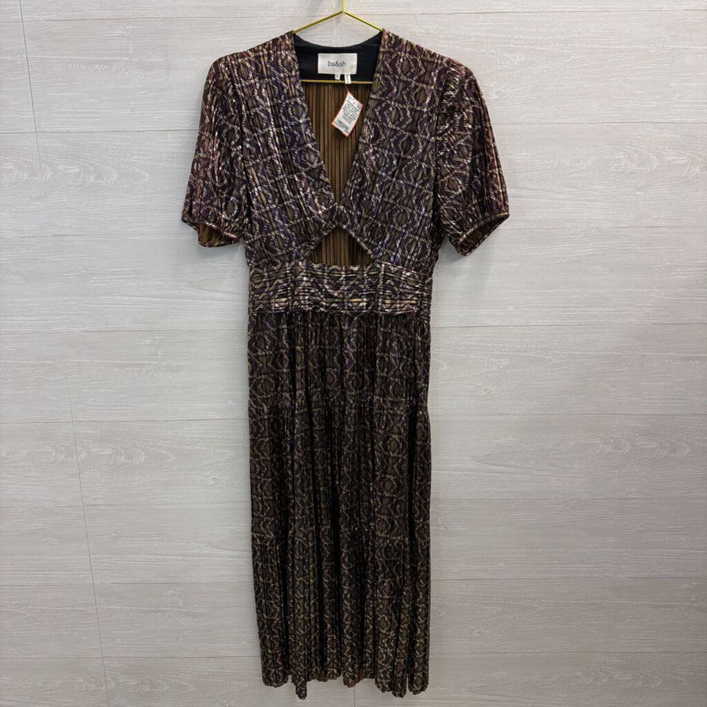 ba&sh Metallic Purple/ Gold Print Short Puff Sleeve Midi Dress Medium