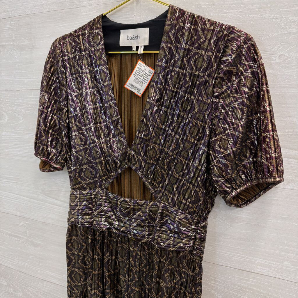 ba&sh Metallic Purple/ Gold Print Short Puff Sleeve Midi Dress Medium