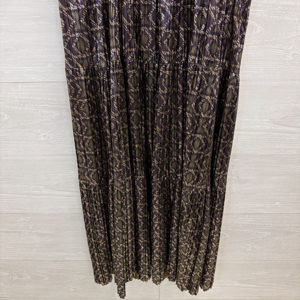 ba&sh Metallic Purple/ Gold Print Short Puff Sleeve Midi Dress Medium