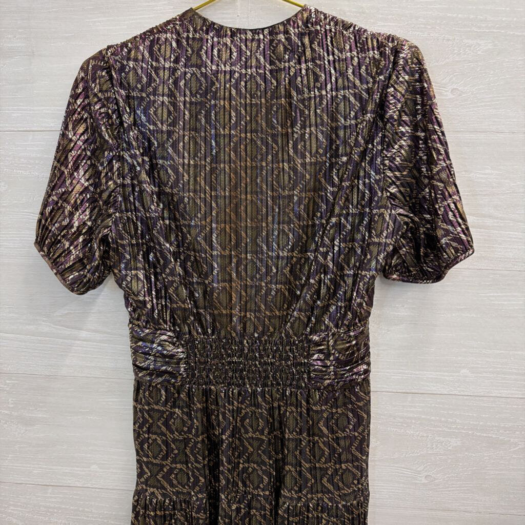 ba&sh Metallic Purple/ Gold Print Short Puff Sleeve Midi Dress Medium