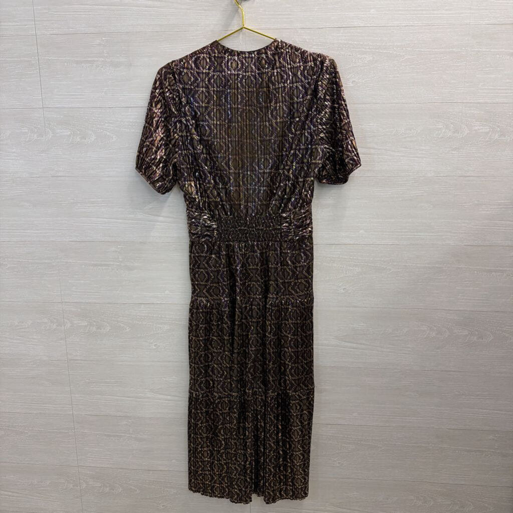 ba&sh Metallic Purple/ Gold Print Short Puff Sleeve Midi Dress Medium