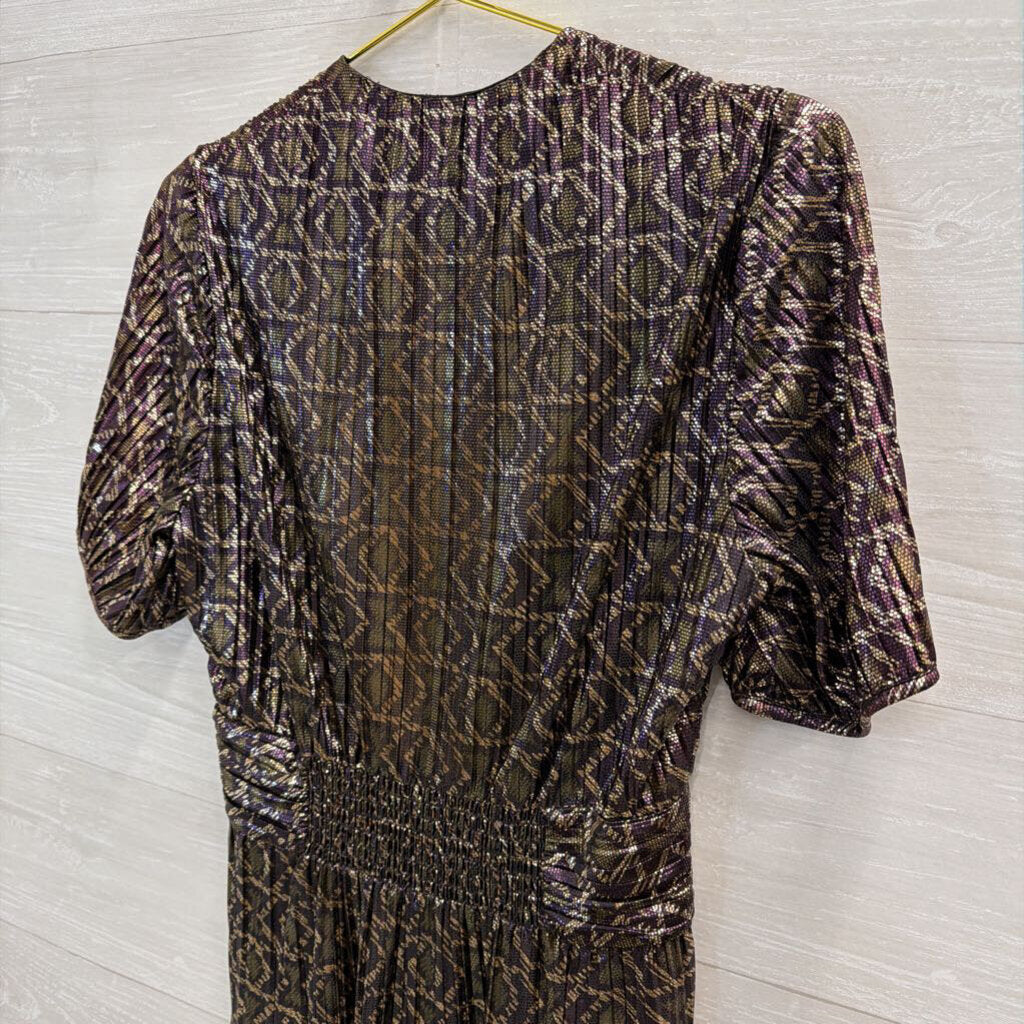 ba&sh Metallic Purple/ Gold Print Short Puff Sleeve Midi Dress Medium