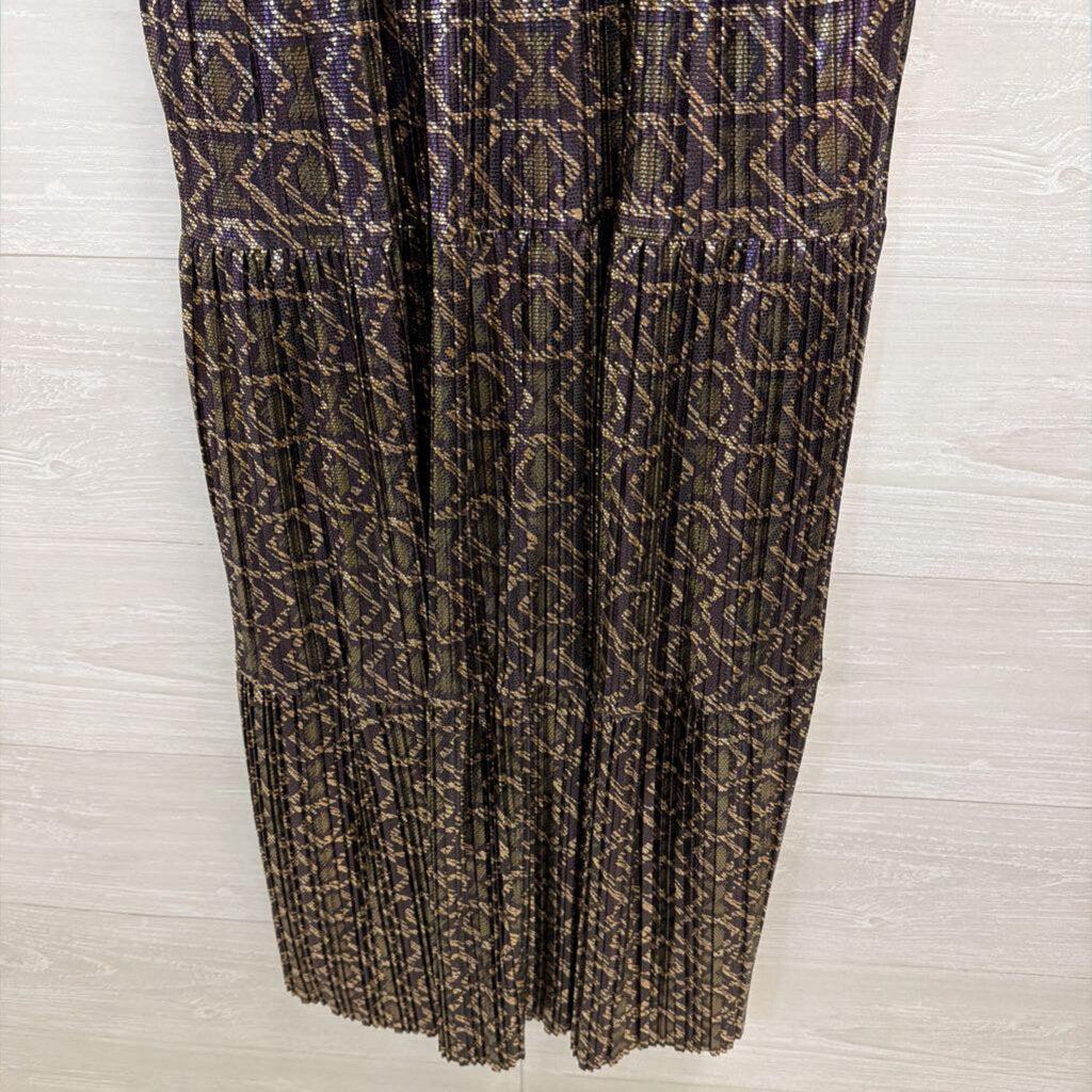 ba&sh Metallic Purple/ Gold Print Short Puff Sleeve Midi Dress Medium
