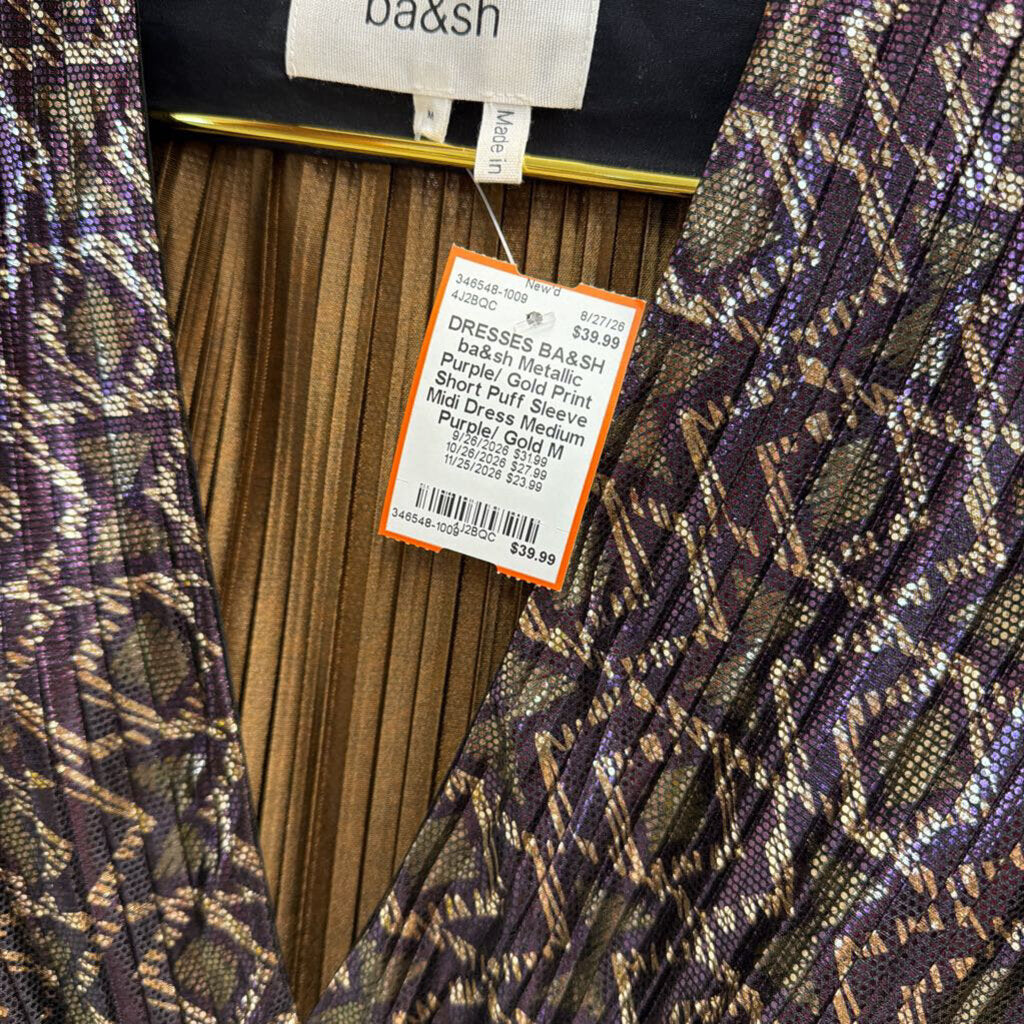 ba&sh Metallic Purple/ Gold Print Short Puff Sleeve Midi Dress Medium
