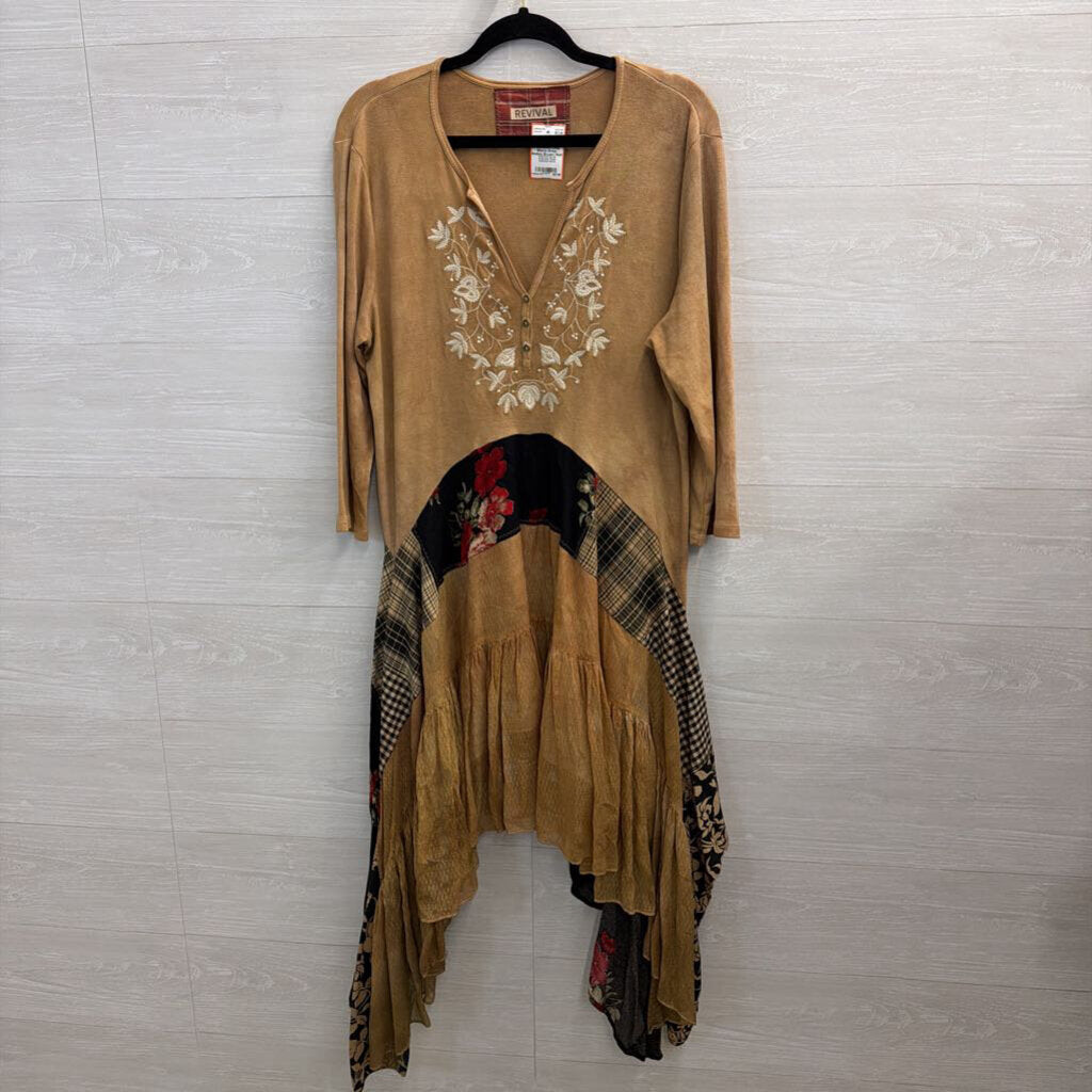 Revival Brown/ Multi Embroidered Patchwork Long Sleeve Dress Medium