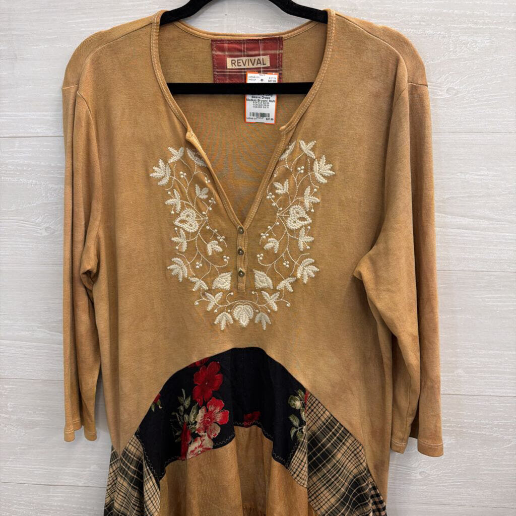 Revival Brown/ Multi Embroidered Patchwork Long Sleeve Dress Medium