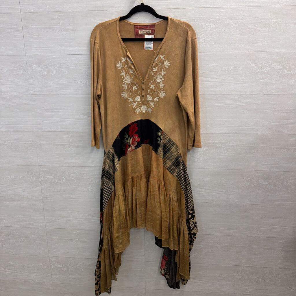 Revival Brown/ Multi Embroidered Patchwork Long Sleeve Dress Medium