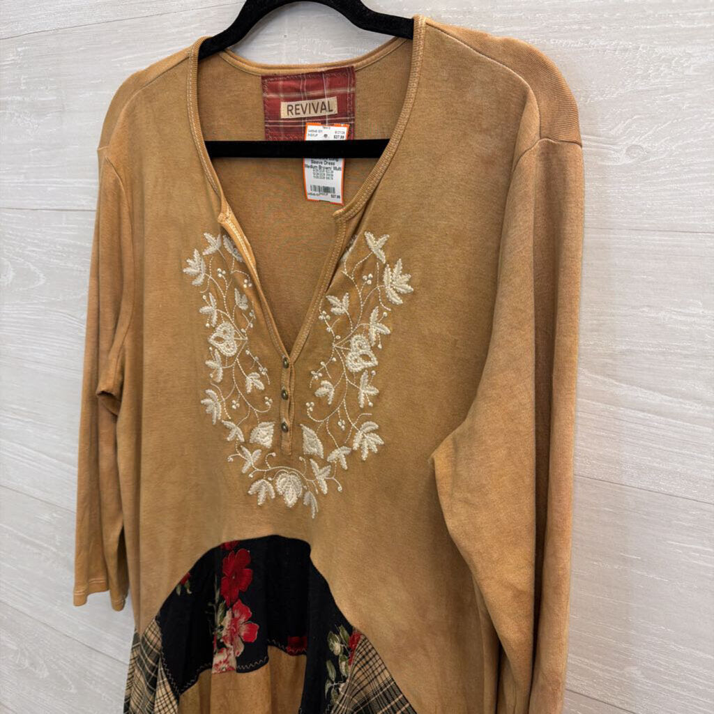 Revival Brown/ Multi Embroidered Patchwork Long Sleeve Dress Medium