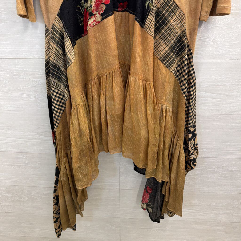 Revival Brown/ Multi Embroidered Patchwork Long Sleeve Dress Medium
