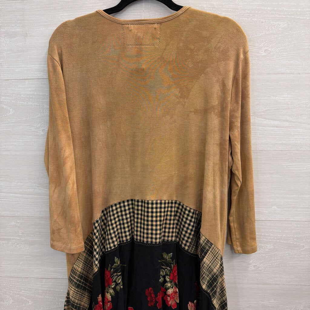 Revival Brown/ Multi Embroidered Patchwork Long Sleeve Dress Medium