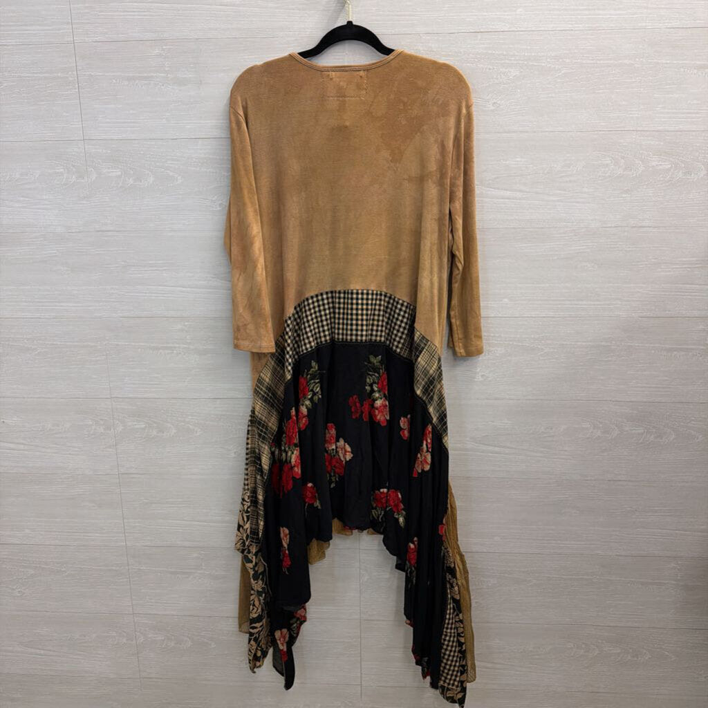 Revival Brown/ Multi Embroidered Patchwork Long Sleeve Dress Medium
