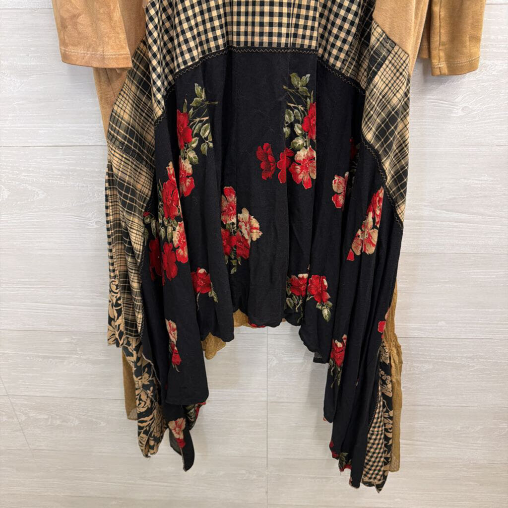 Revival Brown/ Multi Embroidered Patchwork Long Sleeve Dress Medium