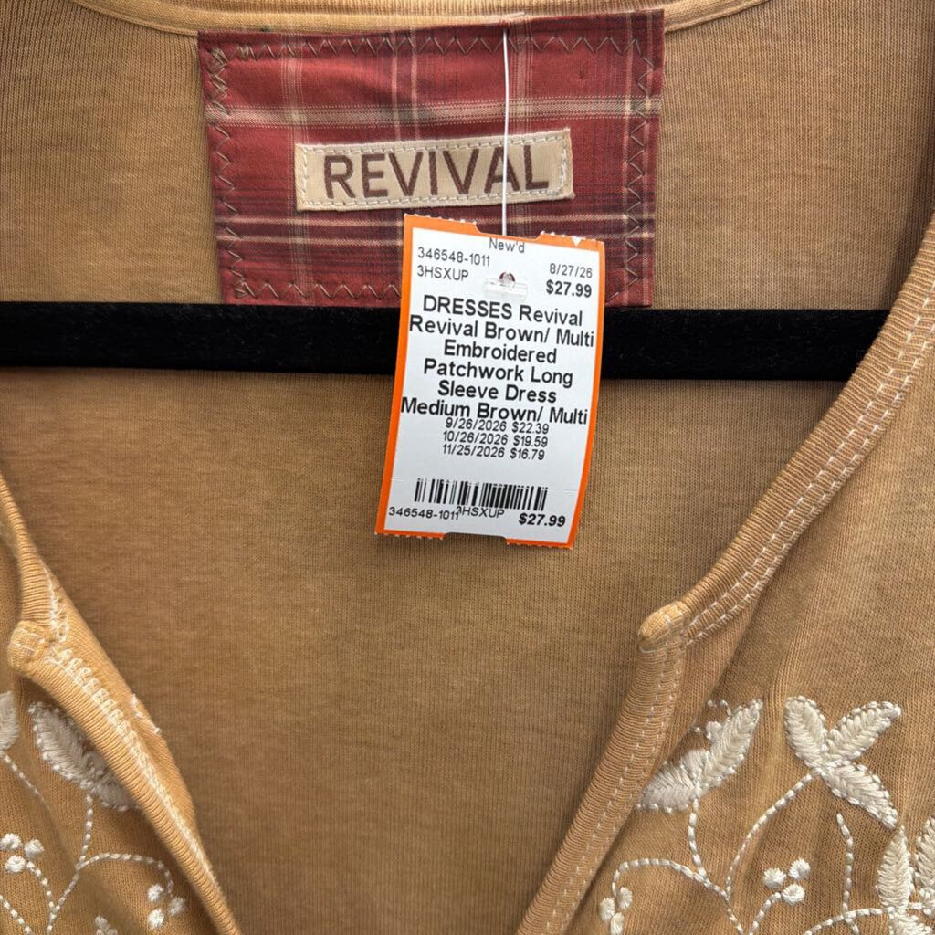 Revival Brown/ Multi Embroidered Patchwork Long Sleeve Dress Medium