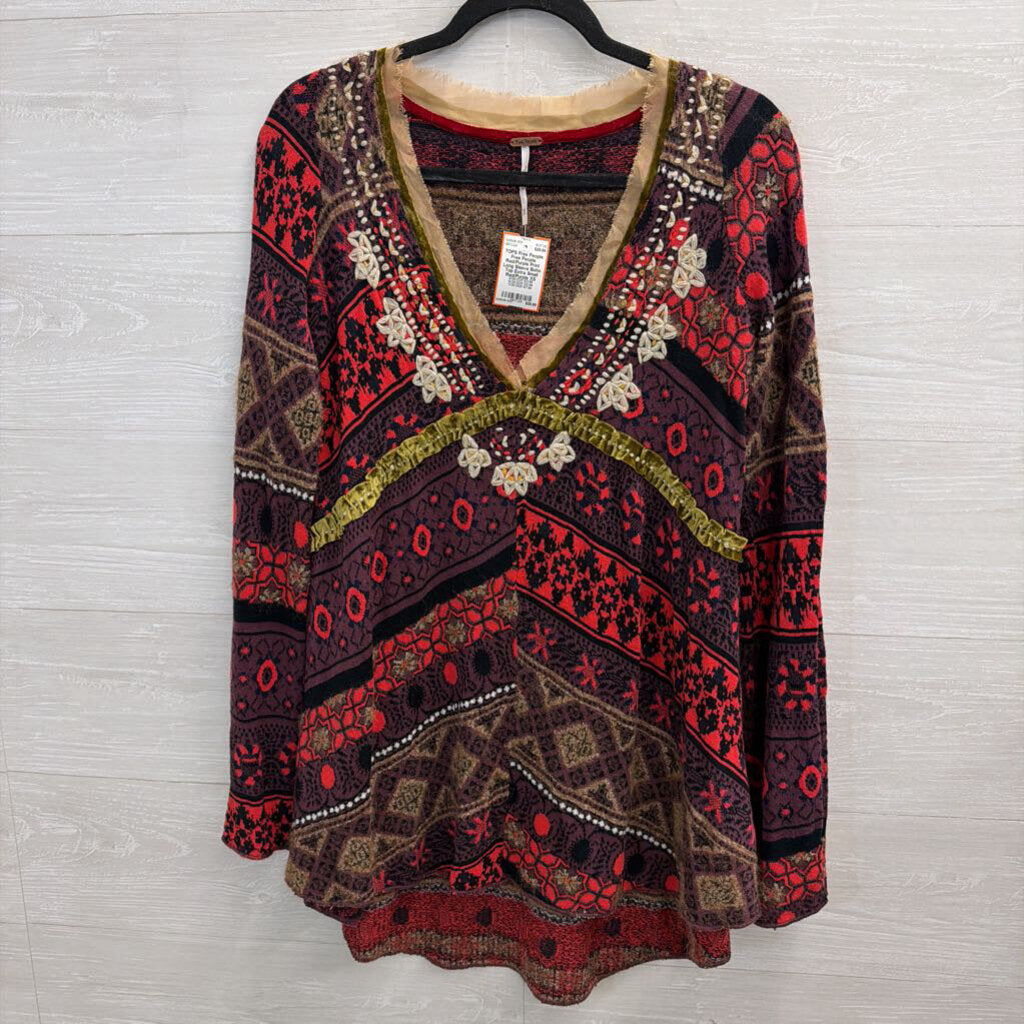 Free People Red/Purple Print Long Sleeve Boho Top Extra Small