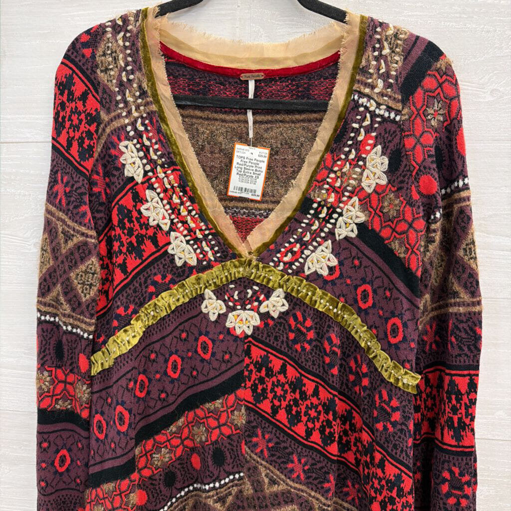 Free People Red/Purple Print Long Sleeve Boho Top Extra Small