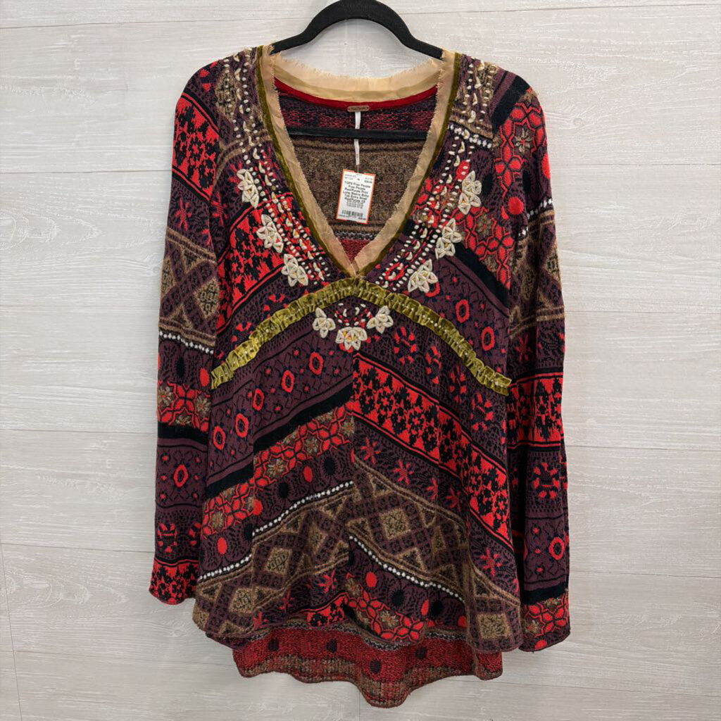 Free People Red/Purple Print Long Sleeve Boho Top Extra Small
