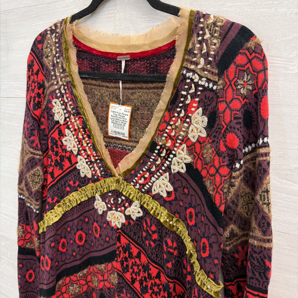 Free People Red/Purple Print Long Sleeve Boho Top Extra Small