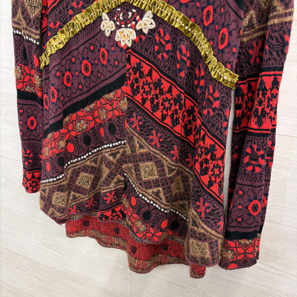 Free People Red/Purple Print Long Sleeve Boho Top Extra Small