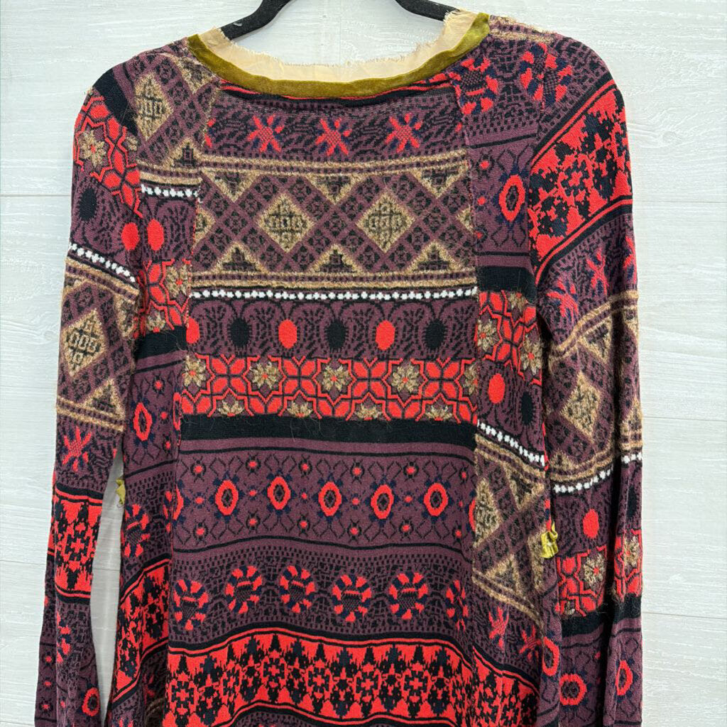 Free People Red/Purple Print Long Sleeve Boho Top Extra Small