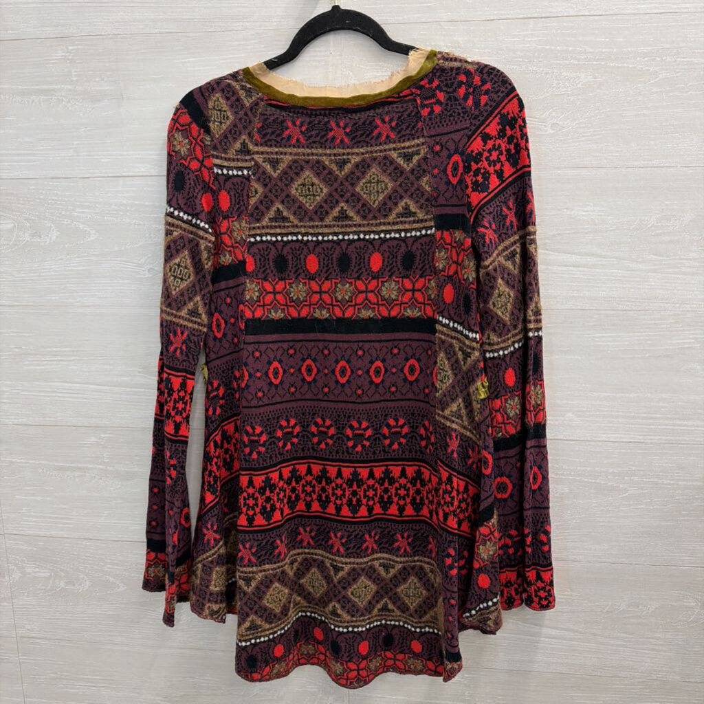 Free People Red/Purple Print Long Sleeve Boho Top Extra Small