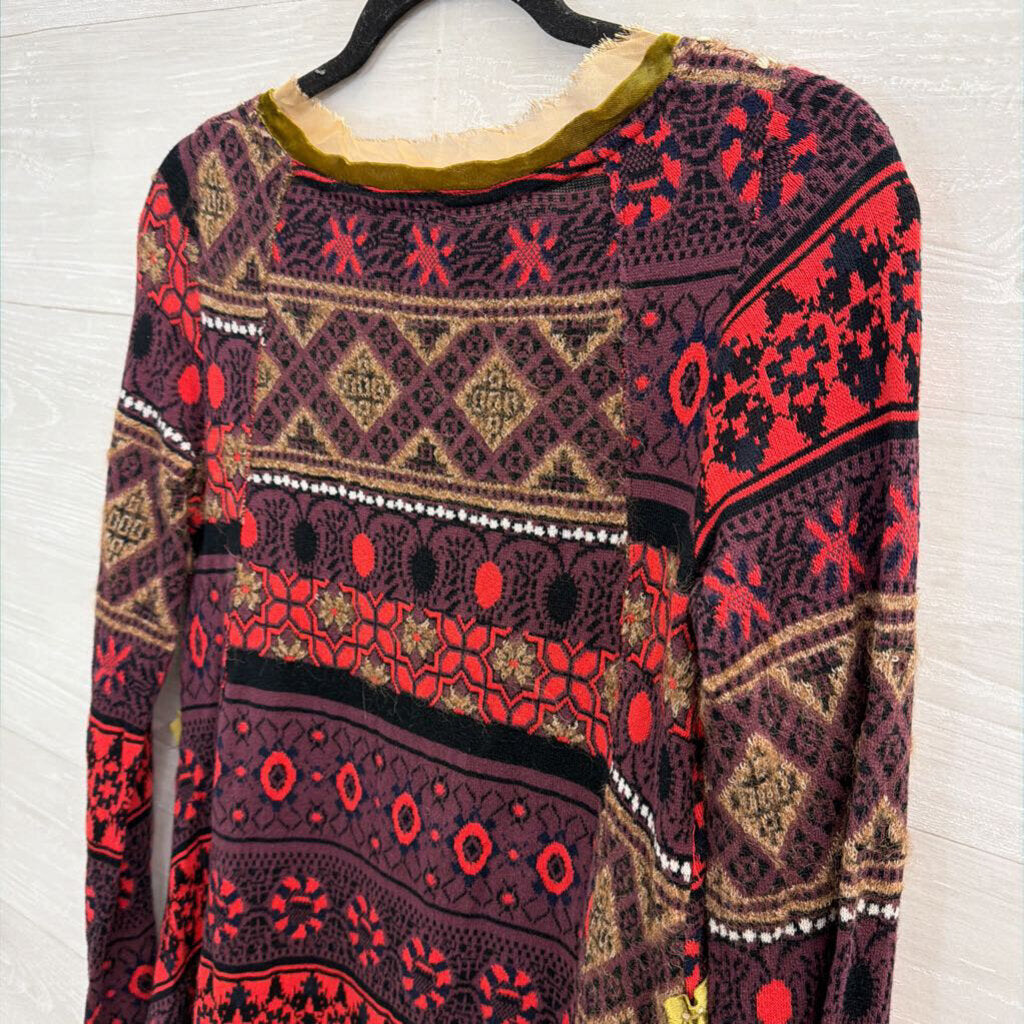 Free People Red/Purple Print Long Sleeve Boho Top Extra Small