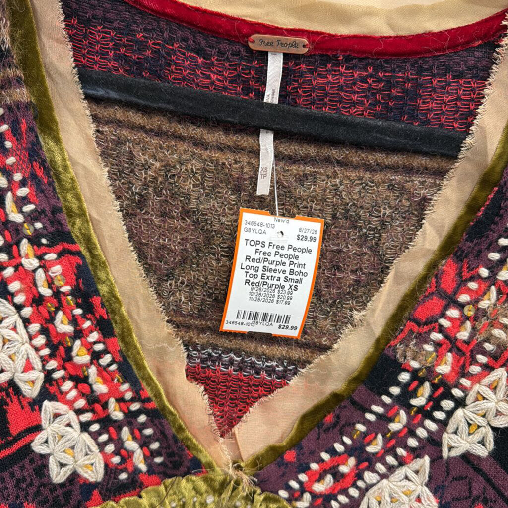 Free People Red/Purple Print Long Sleeve Boho Top Extra Small