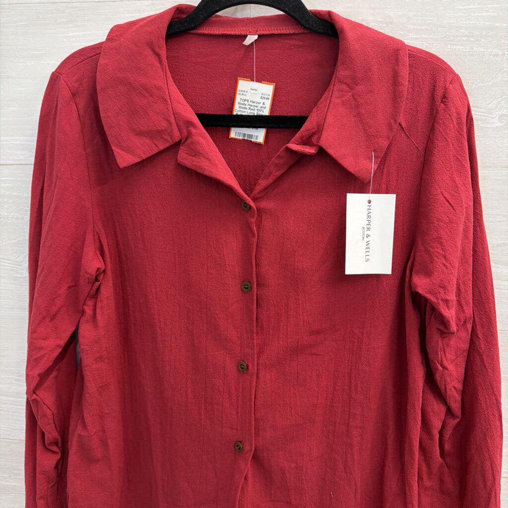 Harper and Wells Red 100% Cotton Long Sleeve Button Down Top Large