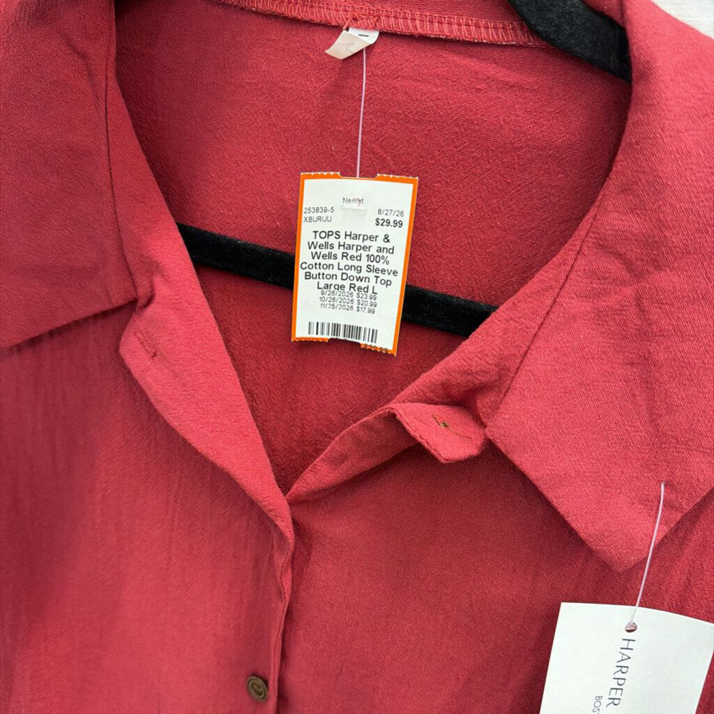 Harper and Wells Red 100% Cotton Long Sleeve Button Down Top Large