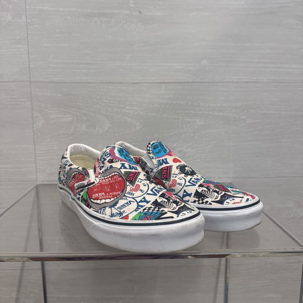 Vans White/ Multi Sticker Mash Up Classic Slip On Sneakers 7.5