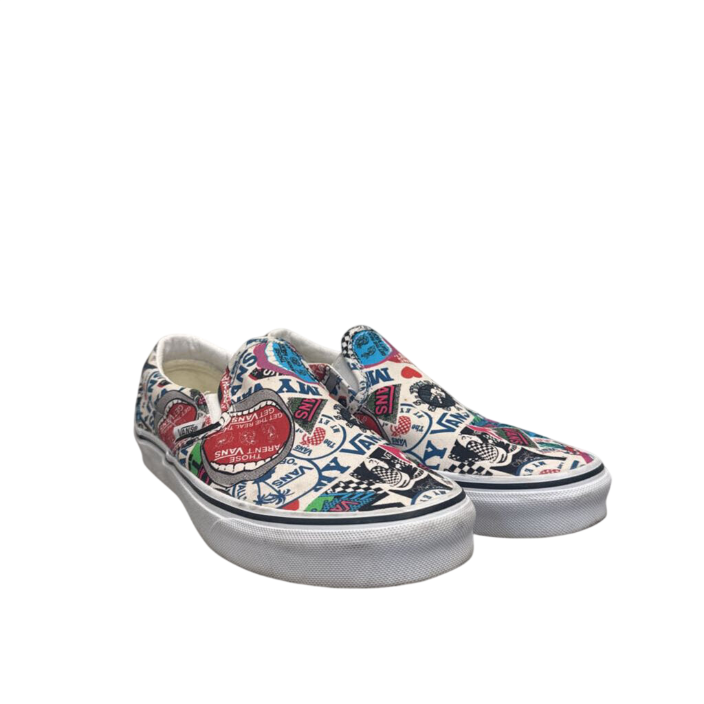 Vans White/ Multi Sticker Mash Up Classic Slip On Sneakers 7.5