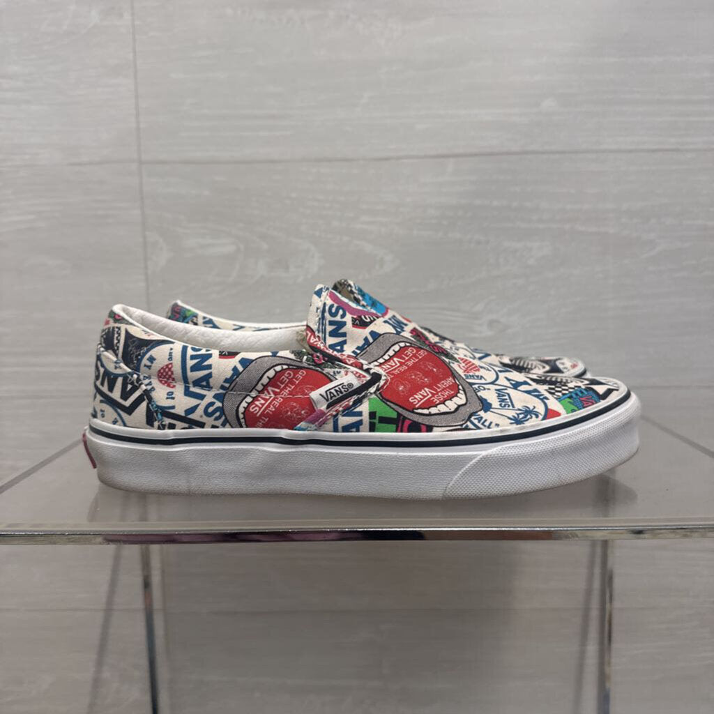 Vans White/ Multi Sticker Mash Up Classic Slip On Sneakers 7.5
