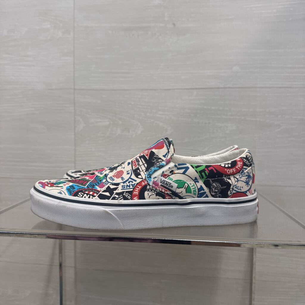 Vans White/ Multi Sticker Mash Up Classic Slip On Sneakers 7.5