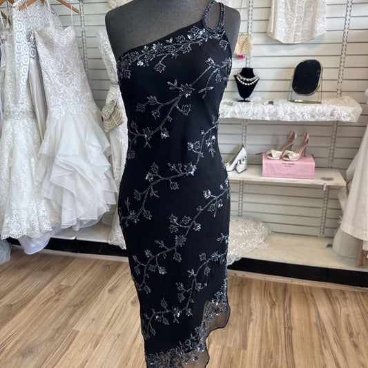 Vintage Scala Black/ Silver Beaded Print One Shoulder Midi Formal Dress Small