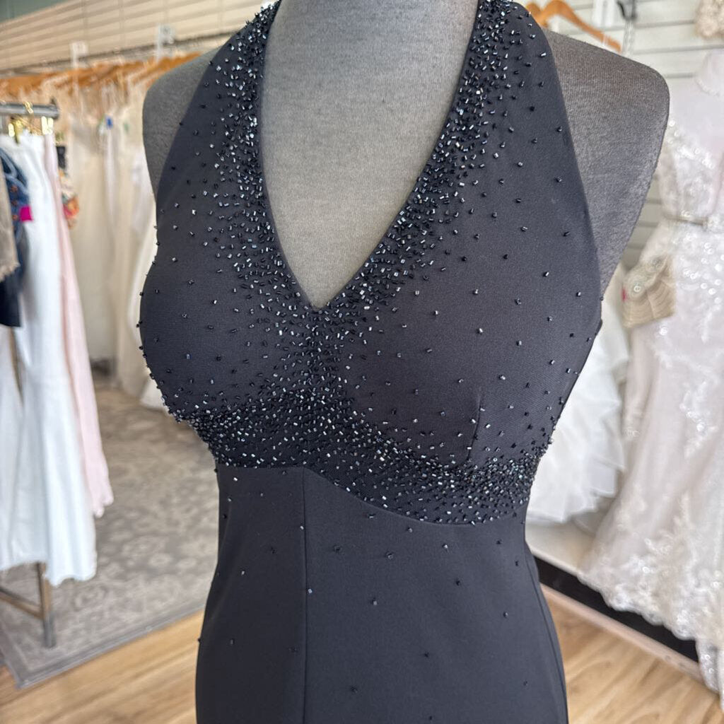 De Laru Black Beaded Detail Halter Neck Long Formal Dress 3/4