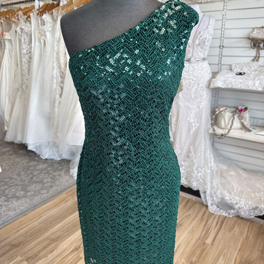 David Meister Green Sequin Lace One Shoulder Short Formal Dress 4