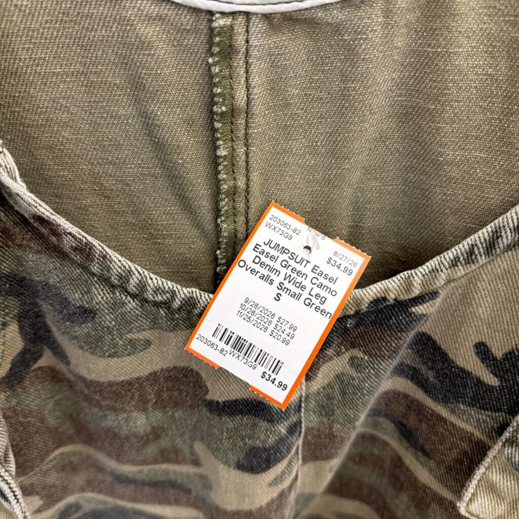 Easel Green Camo Denim Wide Leg Overalls Small
