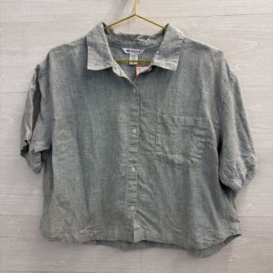 Athleta Grey Cropped Short Sleeve Button Down Top Large