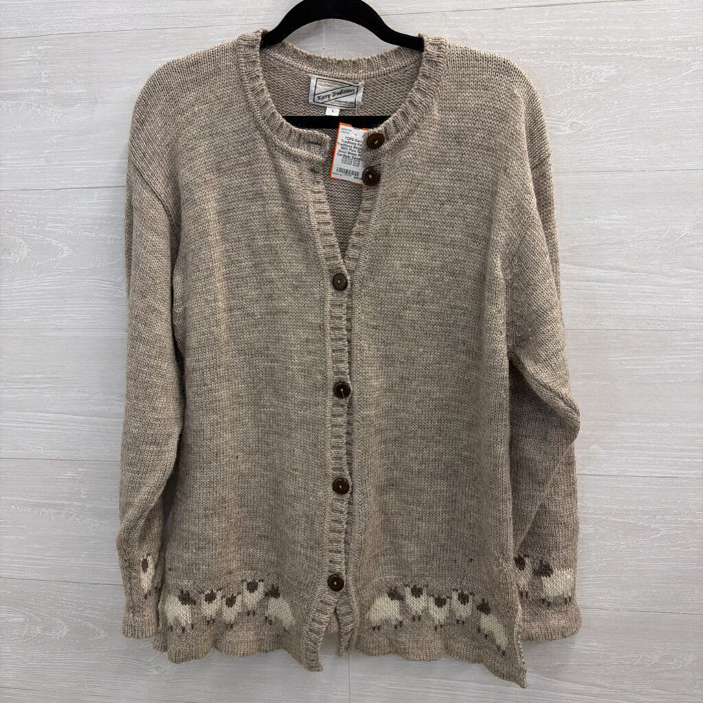 Kerry Traditions Beige Knit 100% Pure New Wool Sheep Print Cardigan Sweater Large