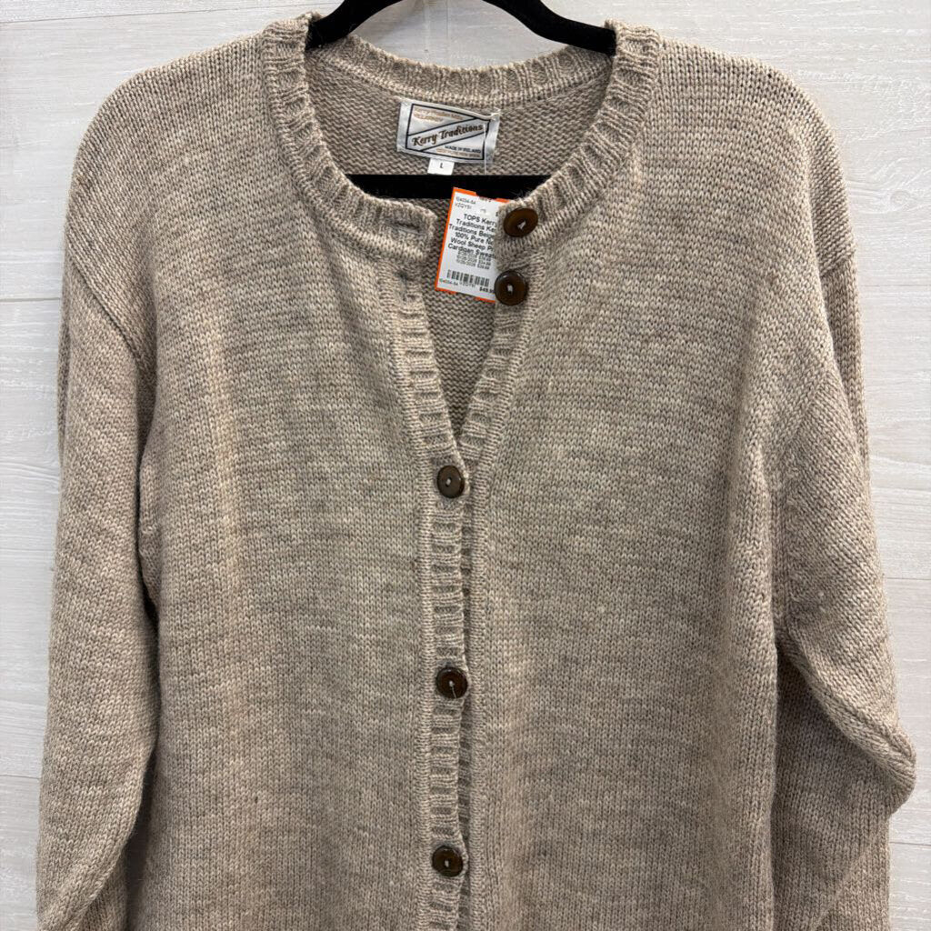 Kerry Traditions Beige Knit 100% Pure New Wool Sheep Print Cardigan Sweater Large
