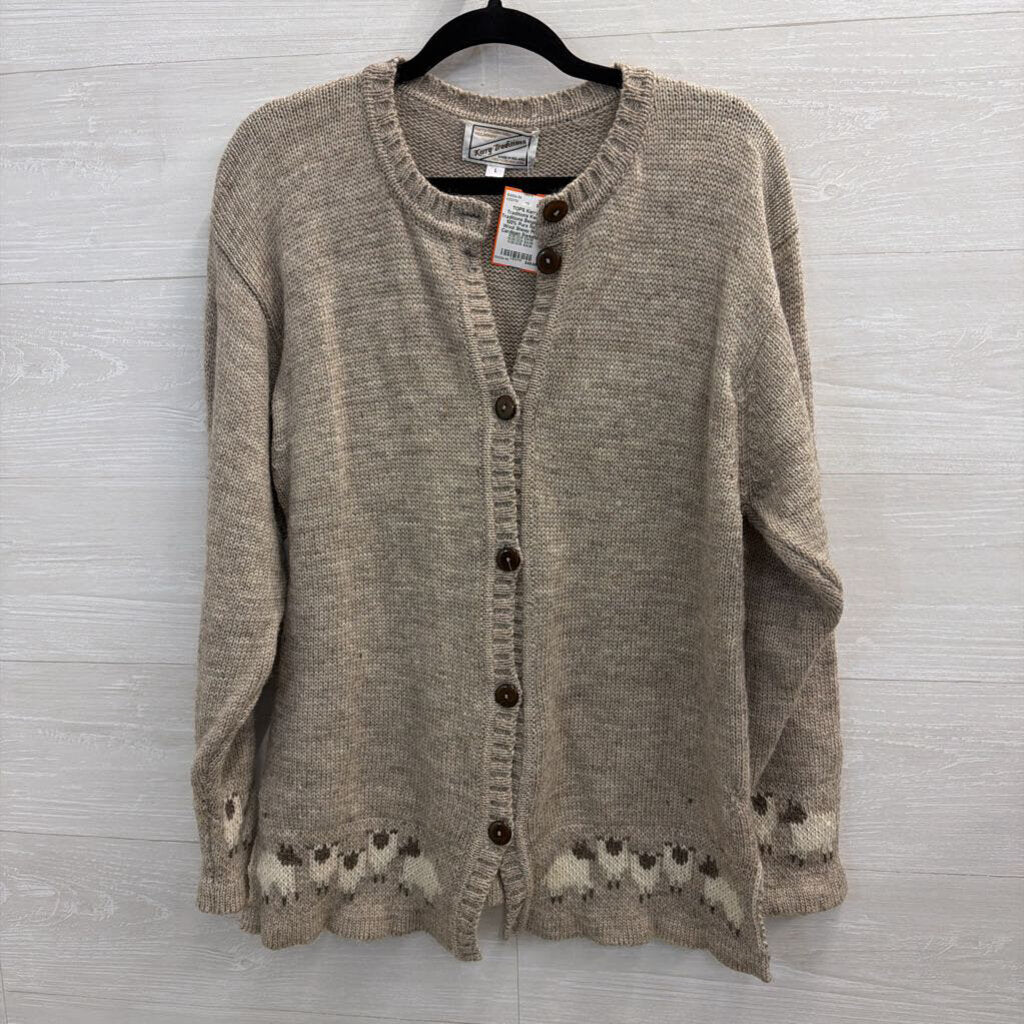 Kerry Traditions Beige Knit 100% Pure New Wool Sheep Print Cardigan Sweater Large