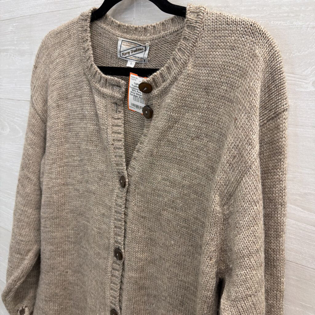 Kerry Traditions Beige Knit 100% Pure New Wool Sheep Print Cardigan Sweater Large